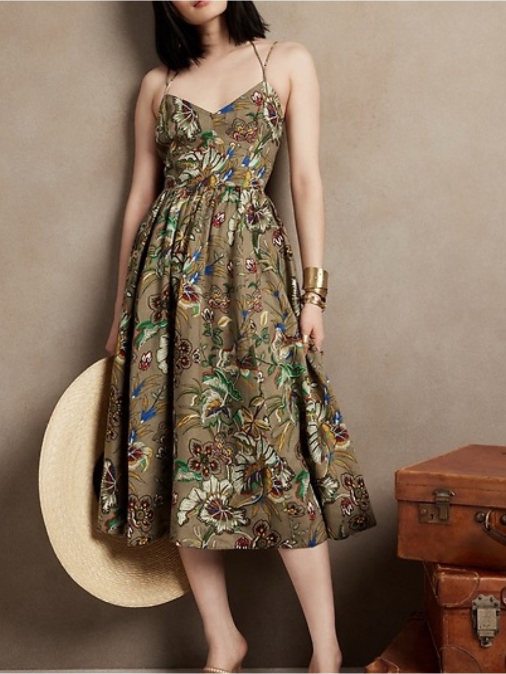 Banana Republic Olive Floral Spaghetti-Strap Midi Dress with Multicolor Print